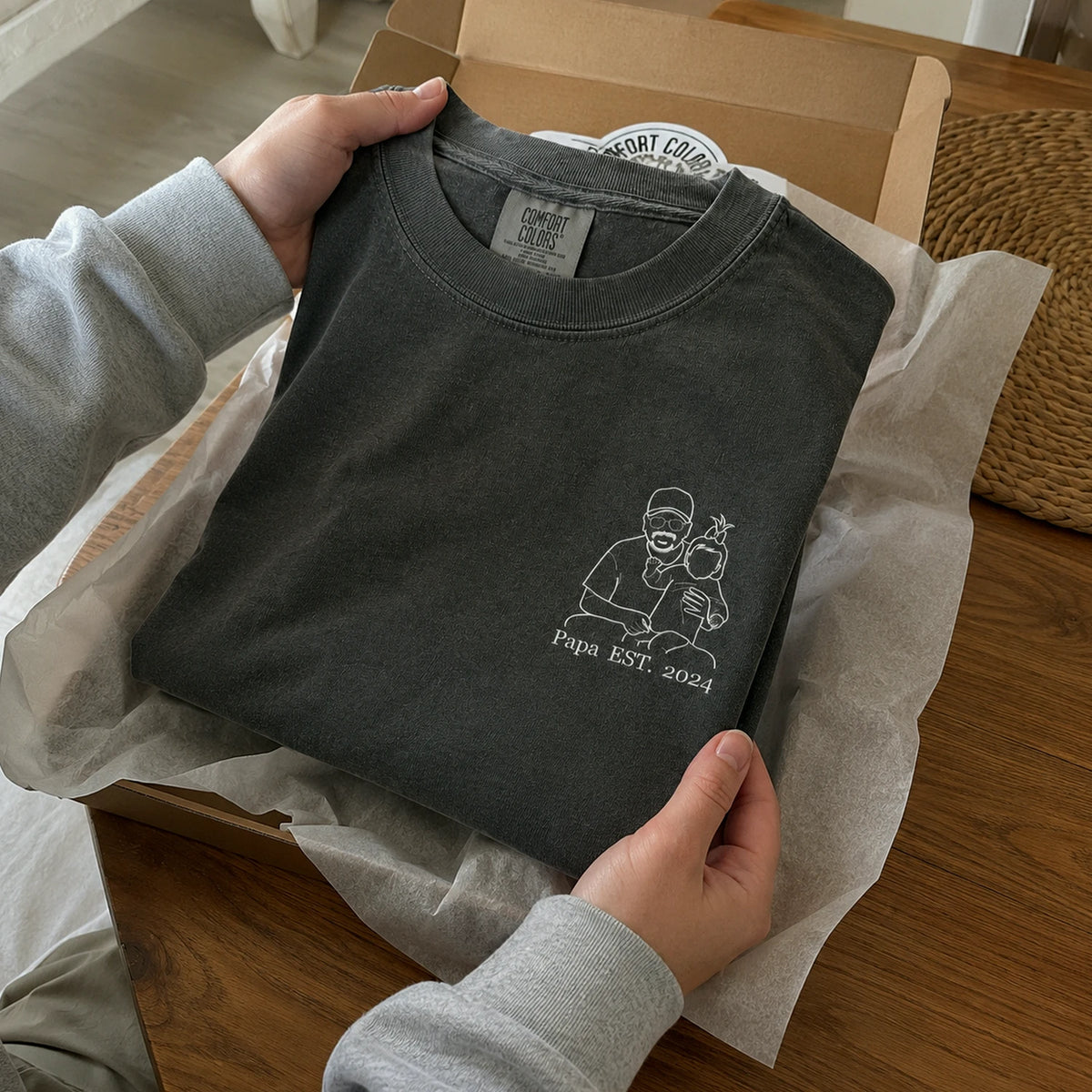 Personalized Papa Photo Line Art T-Shirt with Embroidered Outline Gift for Father's Day, Gift from Wife