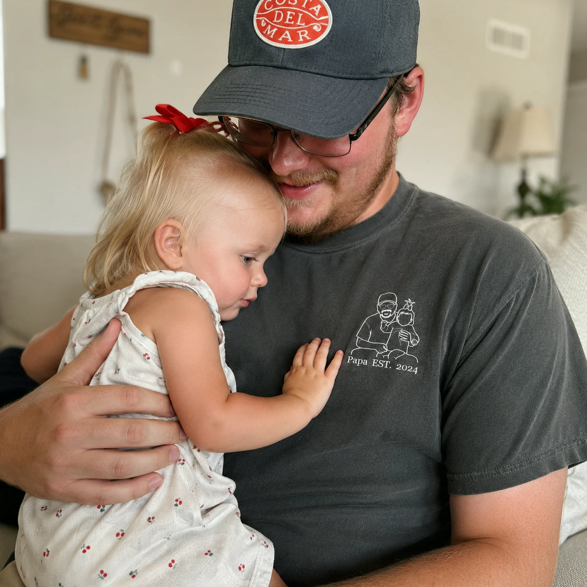 Personalized Papa Photo Line Art T-Shirt with Embroidered Outline Gift for Father's Day, Gift from Wife