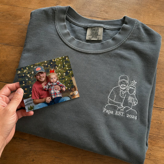 Personalized Papa Photo Line Art T-Shirt with Embroidered Outline Gift for Father's Day, Gift from Wife