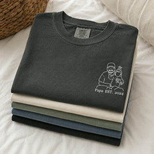 Personalized Papa Photo Line Art T-Shirt with Embroidered Outline Gift for Father's Day, Gift from Wife