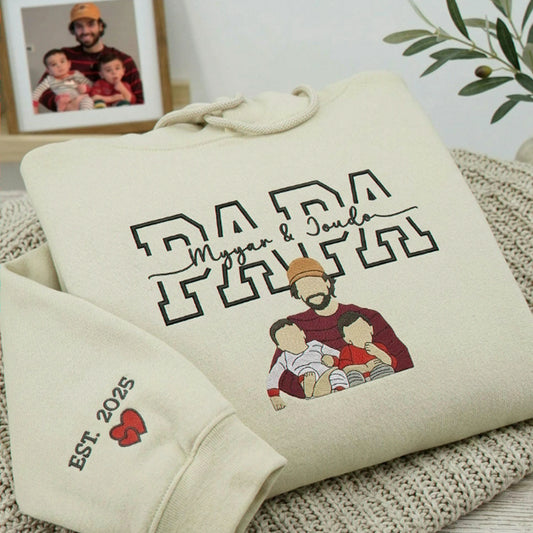 Custom Dad Photo Hoodie - Embroidered Papa Portrait & Kid's Name for Father's Day, Christmas