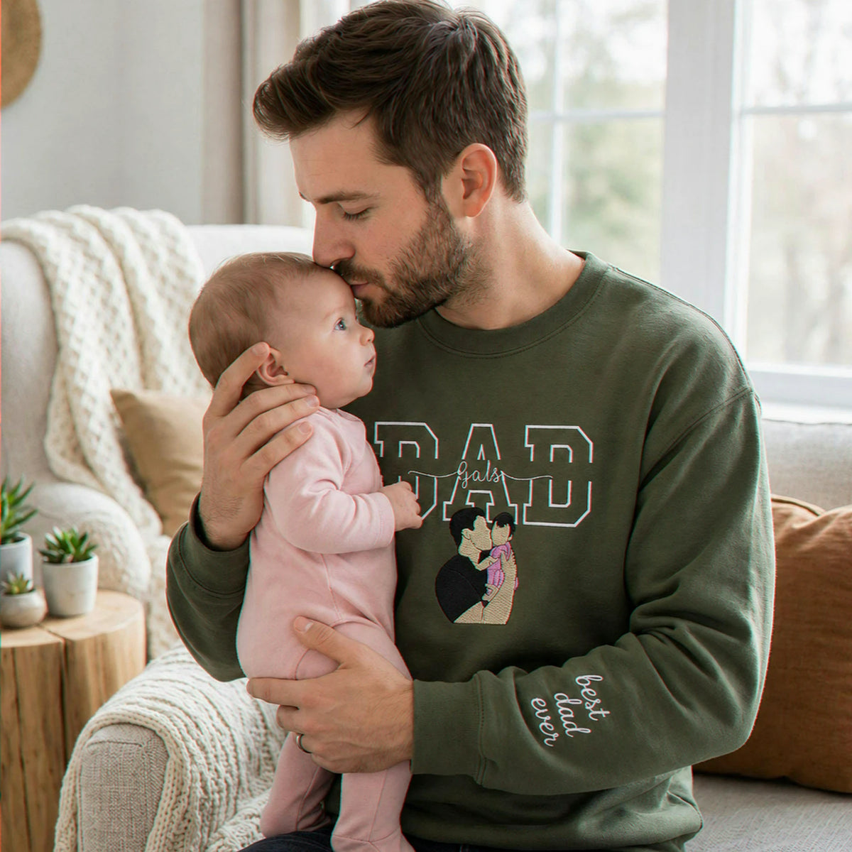 Custom Dad Photo Hoodie - Embroidered Papa Portrait & Kid's Name for Father's Day, Christmas
