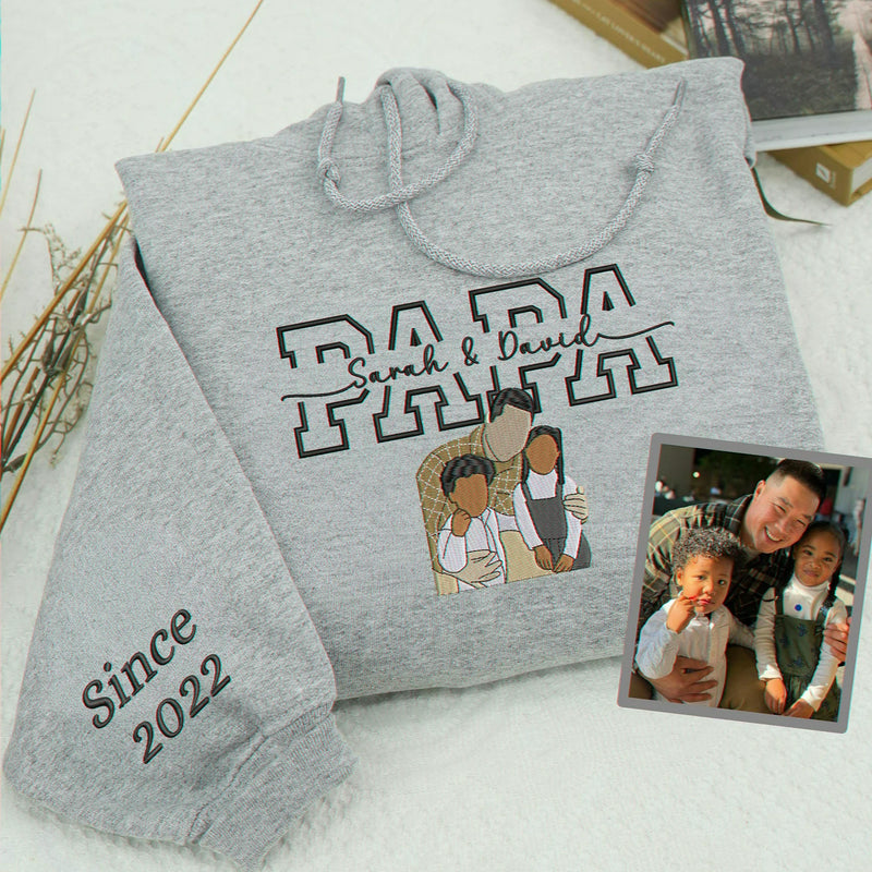 Custom Dad Photo Hoodie - Embroidered Papa Portrait & Kid's Name for Father's Day, Christmas