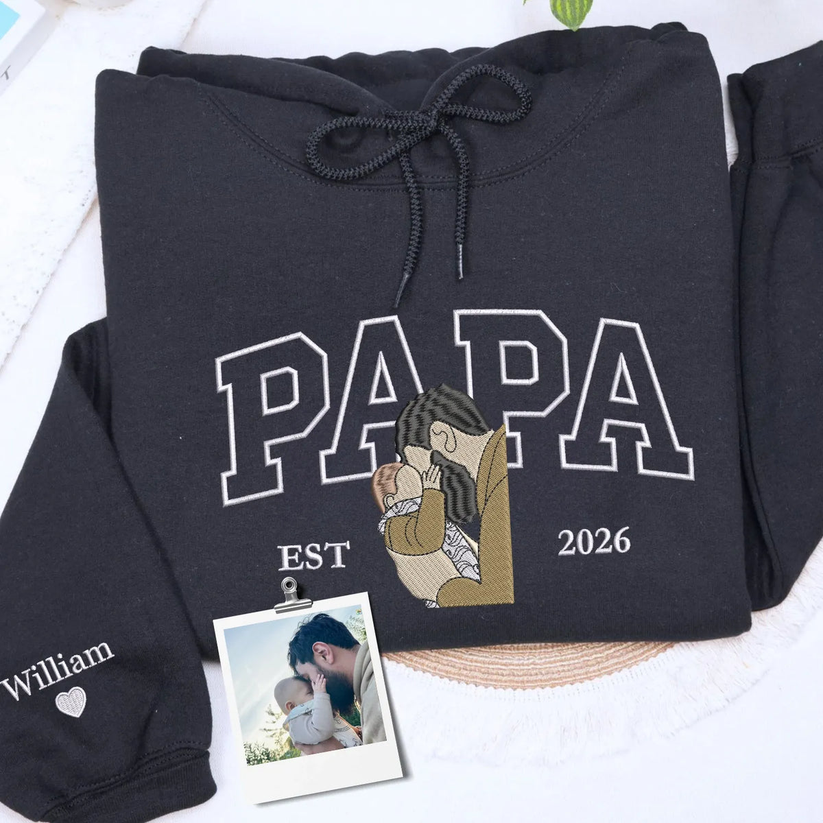 custom embroidered papa sweatshirt with personalized photo portrait for first fathers day gift