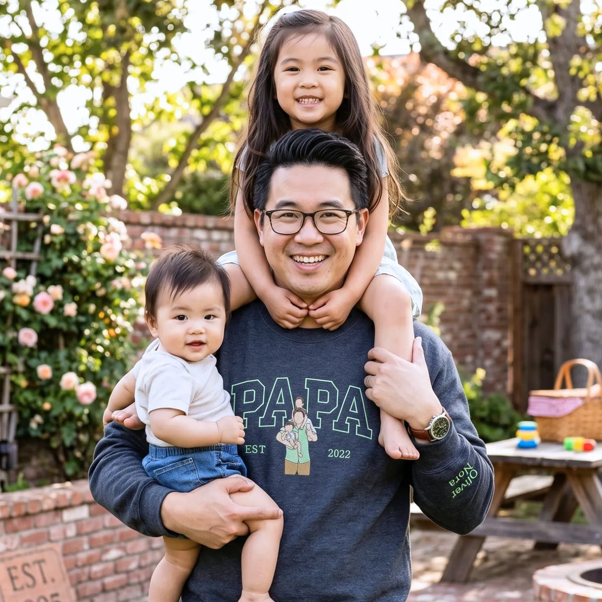 custom embroidered papa sweatshirt with personalized photo portrait for first fathers day gift
