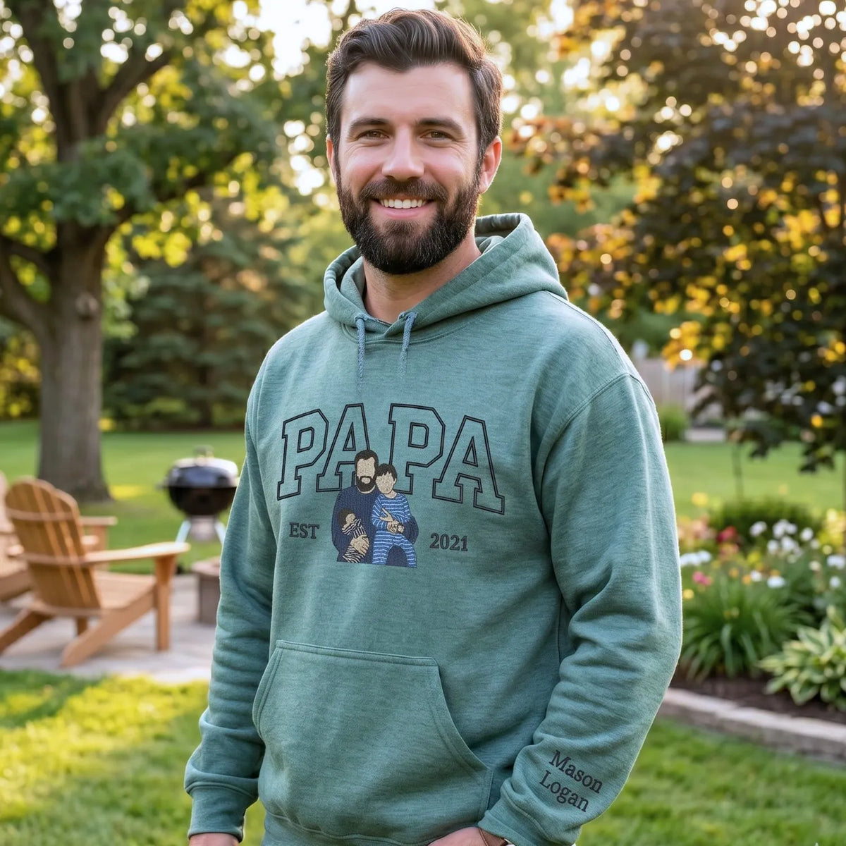 custom embroidered papa sweatshirt with personalized photo portrait for first fathers day gift