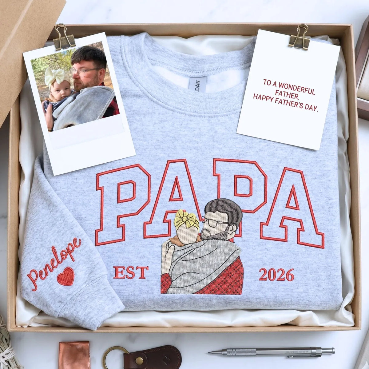 custom embroidered papa sweatshirt with personalized photo portrait for first fathers day gift