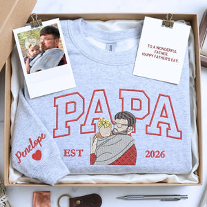 custom embroidered papa sweatshirt with personalized photo portrait for first fathers day gift