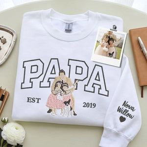 custom embroidered papa sweatshirt with personalized photo portrait for first fathers day gift