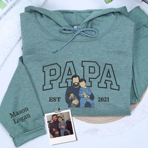custom embroidered papa sweatshirt with personalized photo portrait for first fathers day gift