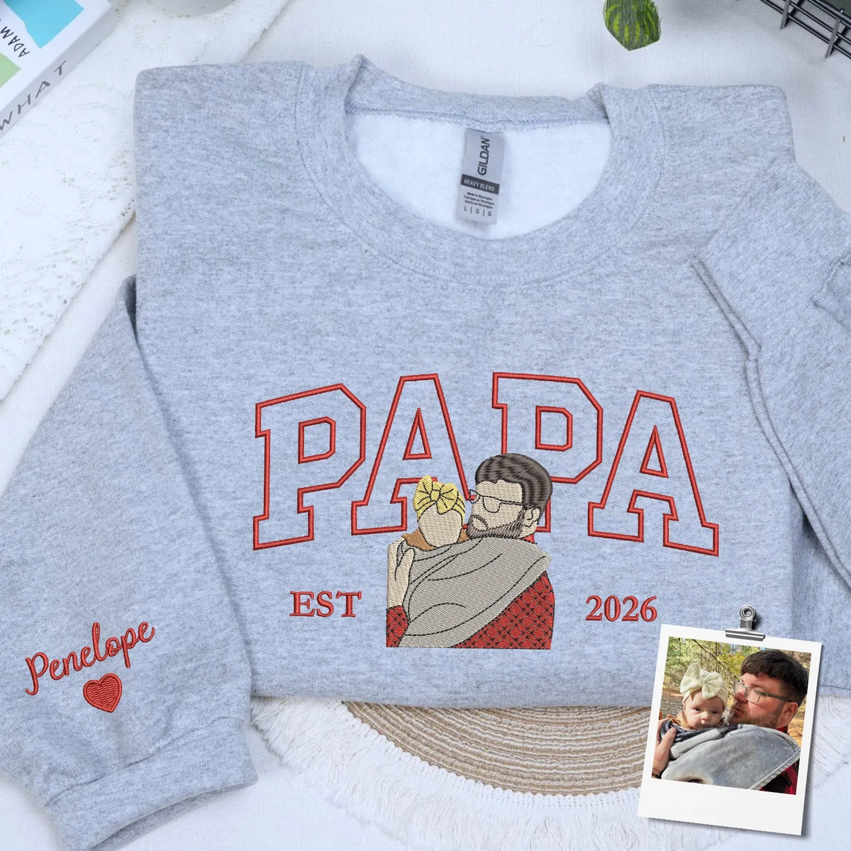 custom embroidered papa sweatshirt with personalized photo portrait for first fathers day gift