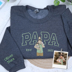 custom embroidered papa sweatshirt with personalized photo portrait for first fathers day gift