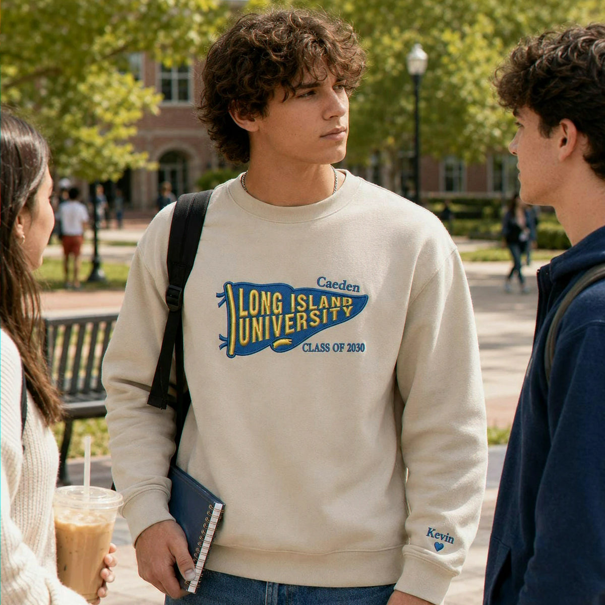Custom Embroidered College Sweatshirt with Pennant Flag, Back to School Gift