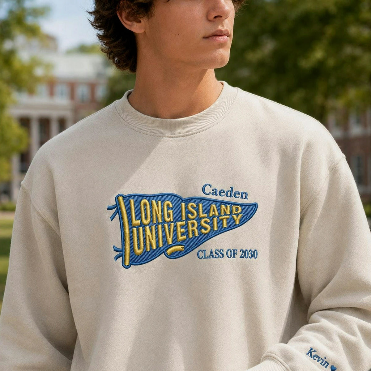Custom Embroidered College Sweatshirt with Pennant Flag, Back to School Gift