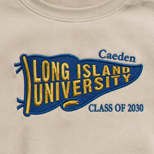 Custom Embroidered College Sweatshirt with Pennant Flag, Back to School Gift