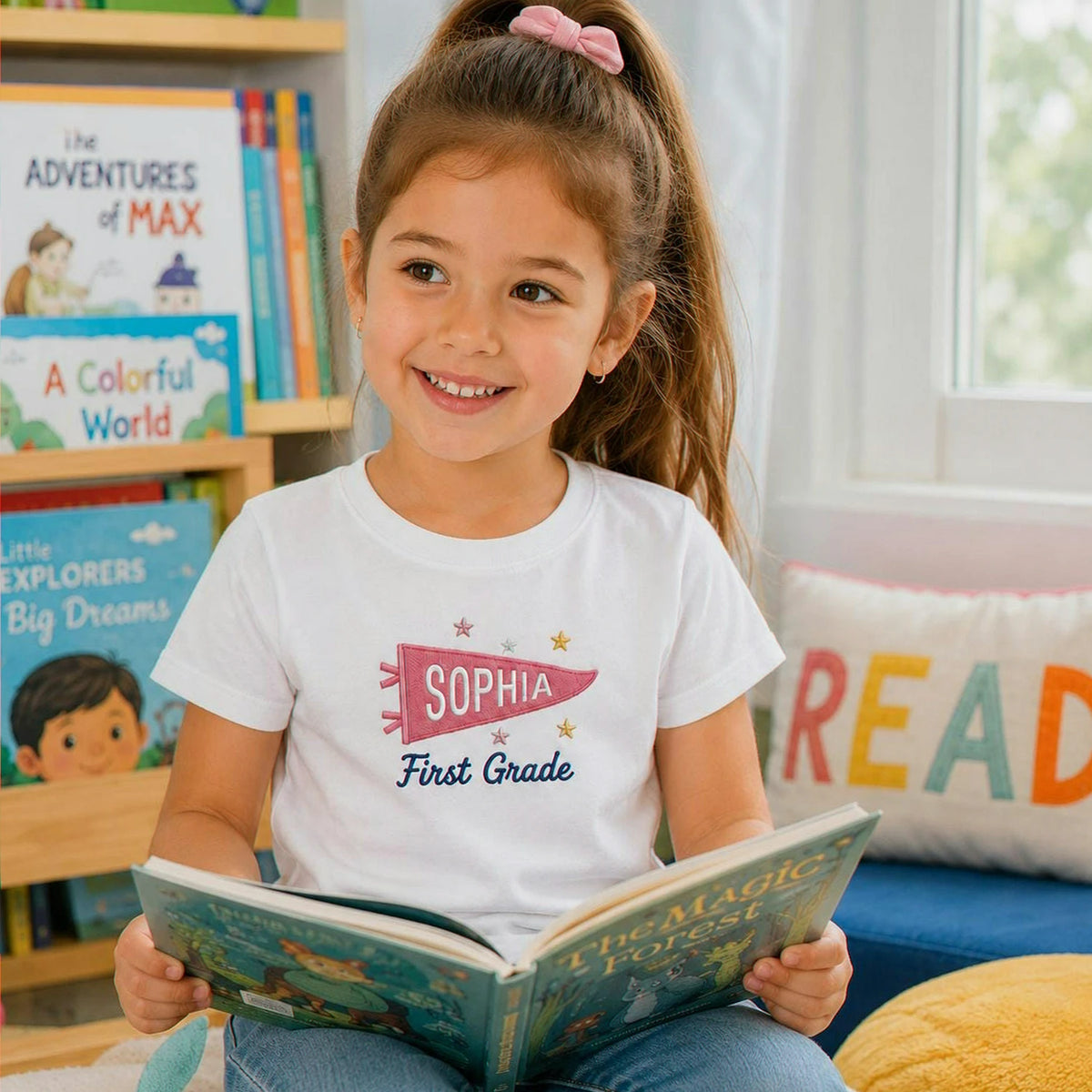 Personalized Back to School T-Shirt for 1st Grade Kids - Embroidered Pennant Name & Grade, First Day of Elementary Tee