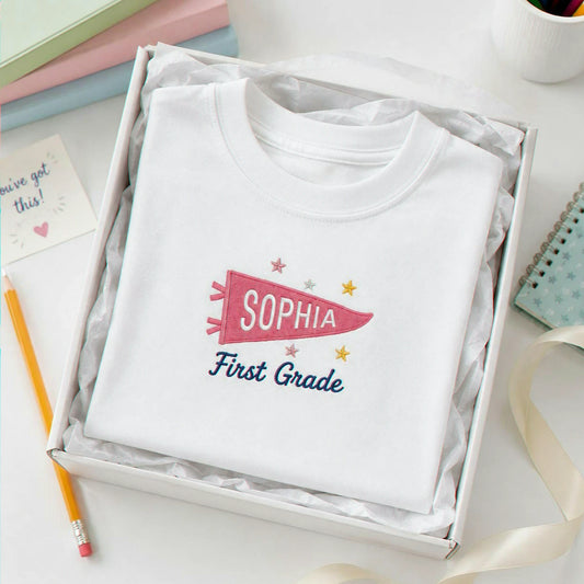 Personalized Back to School T-Shirt for 1st Grade Kids - Embroidered Pennant Name & Grade, First Day of Elementary Tee