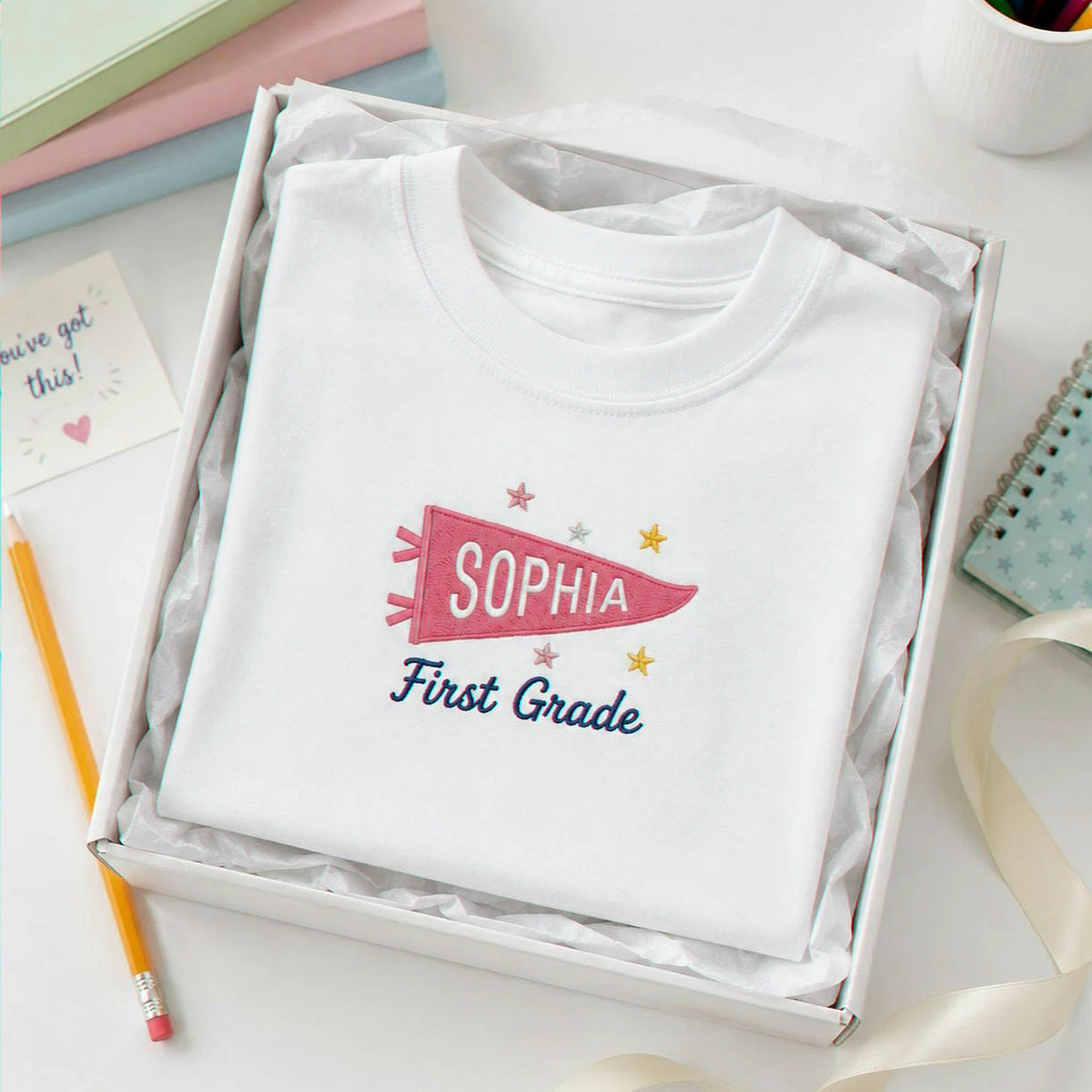 Personalized Back to School T-Shirt for 1st Grade Kids - Embroidered Pennant Name & Grade, First Day of Elementary Tee