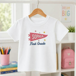 Personalized Back to School T-Shirt for 1st Grade Kids - Embroidered Pennant Name & Grade, First Day of Elementary Tee