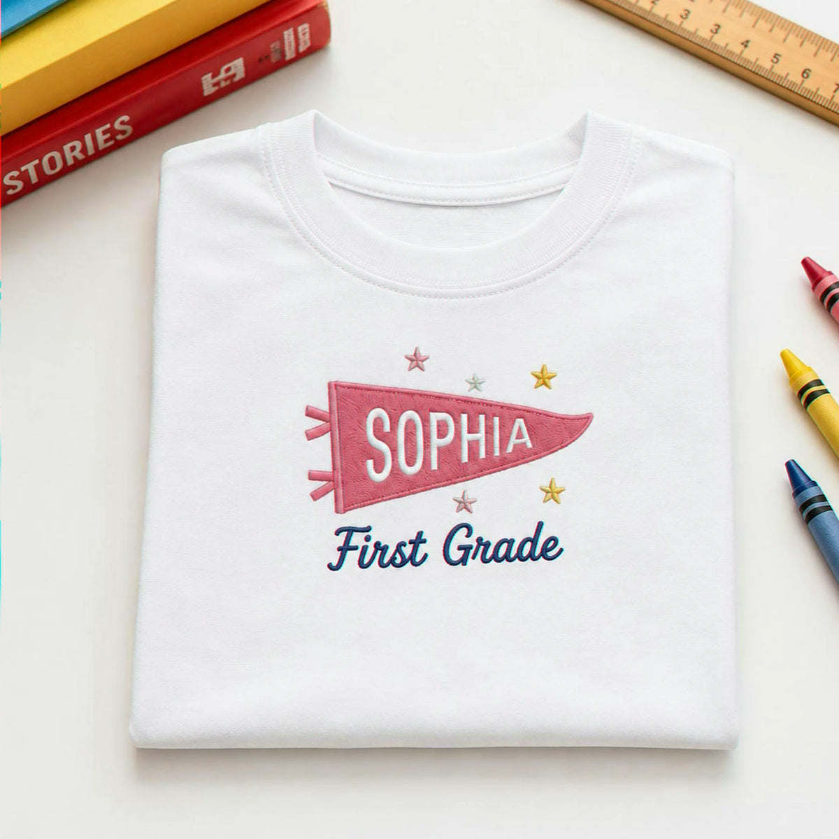 Personalized Back to School T-Shirt for 1st Grade Kids - Embroidered Pennant Name & Grade, First Day of Elementary Tee