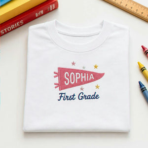 Personalized Back to School T-Shirt for 1st Grade Kids - Embroidered Pennant Name & Grade, First Day of Elementary Tee