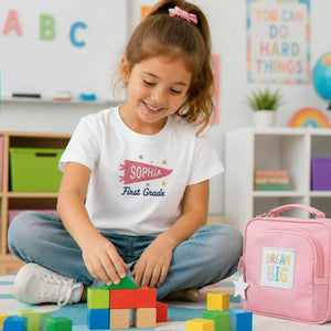 Personalized Back to School T-Shirt for 1st Grade Kids - Embroidered Pennant Name & Grade, First Day of Elementary Tee