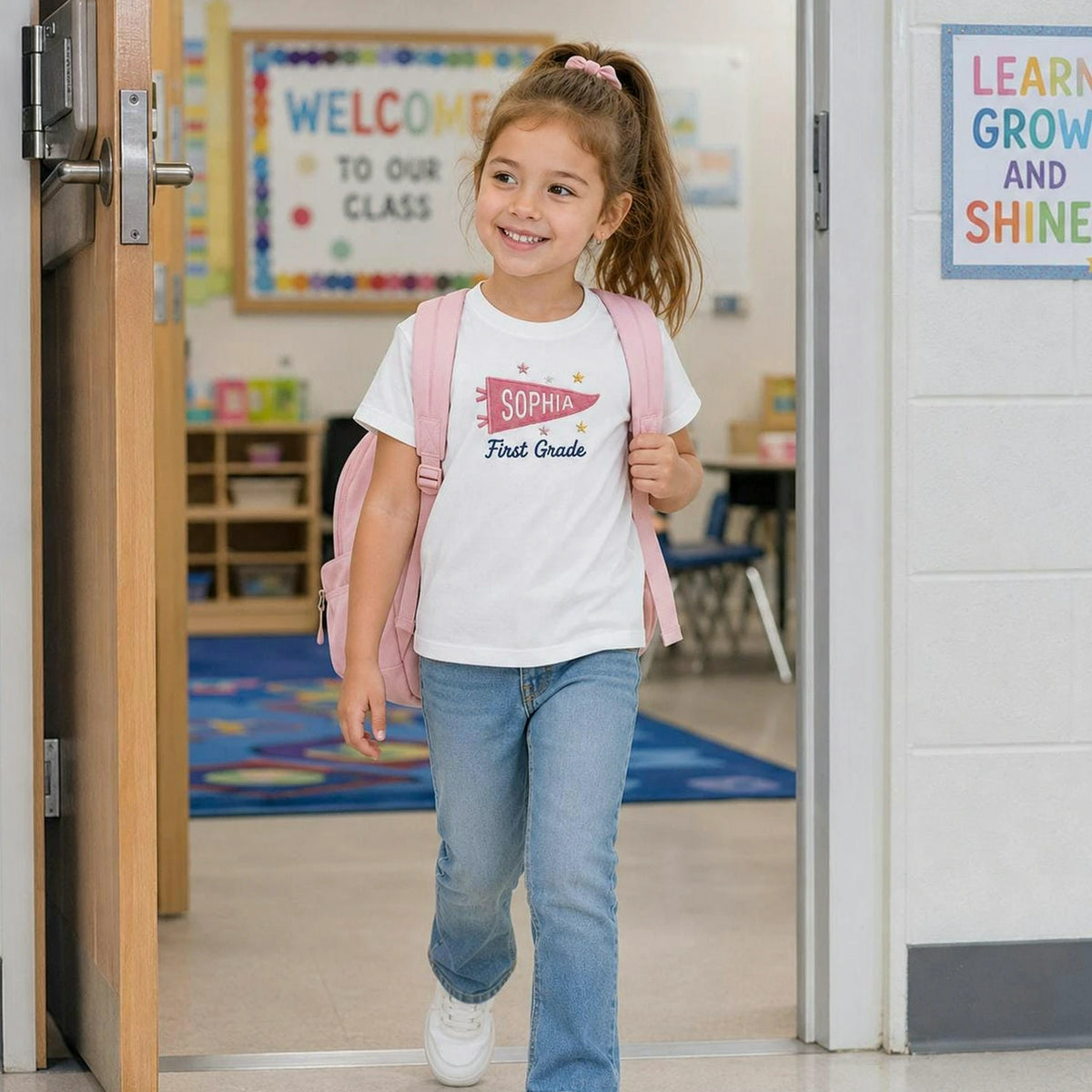 Personalized Back to School T-Shirt for 1st Grade Kids - Embroidered Pennant Name & Grade, First Day of Elementary Tee