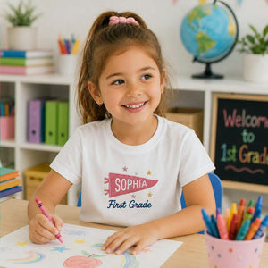 Personalized Back to School T-Shirt for 1st Grade Kids - Embroidered Pennant Name & Grade, First Day of Elementary Tee