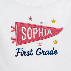 Personalized Back to School T-Shirt for 1st Grade Kids - Embroidered Pennant Name & Grade, First Day of Elementary Tee