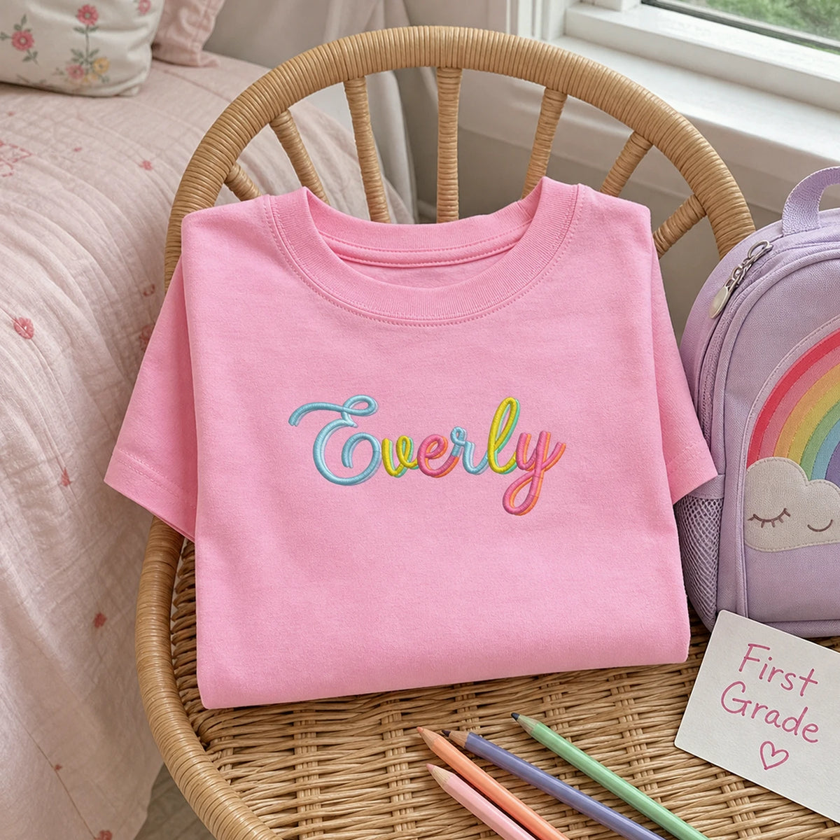 Personalized First Day of Elementary T-shirt for 1st Grade Kids - Embroidered Rainbow Name Tee, First School Day Outfit