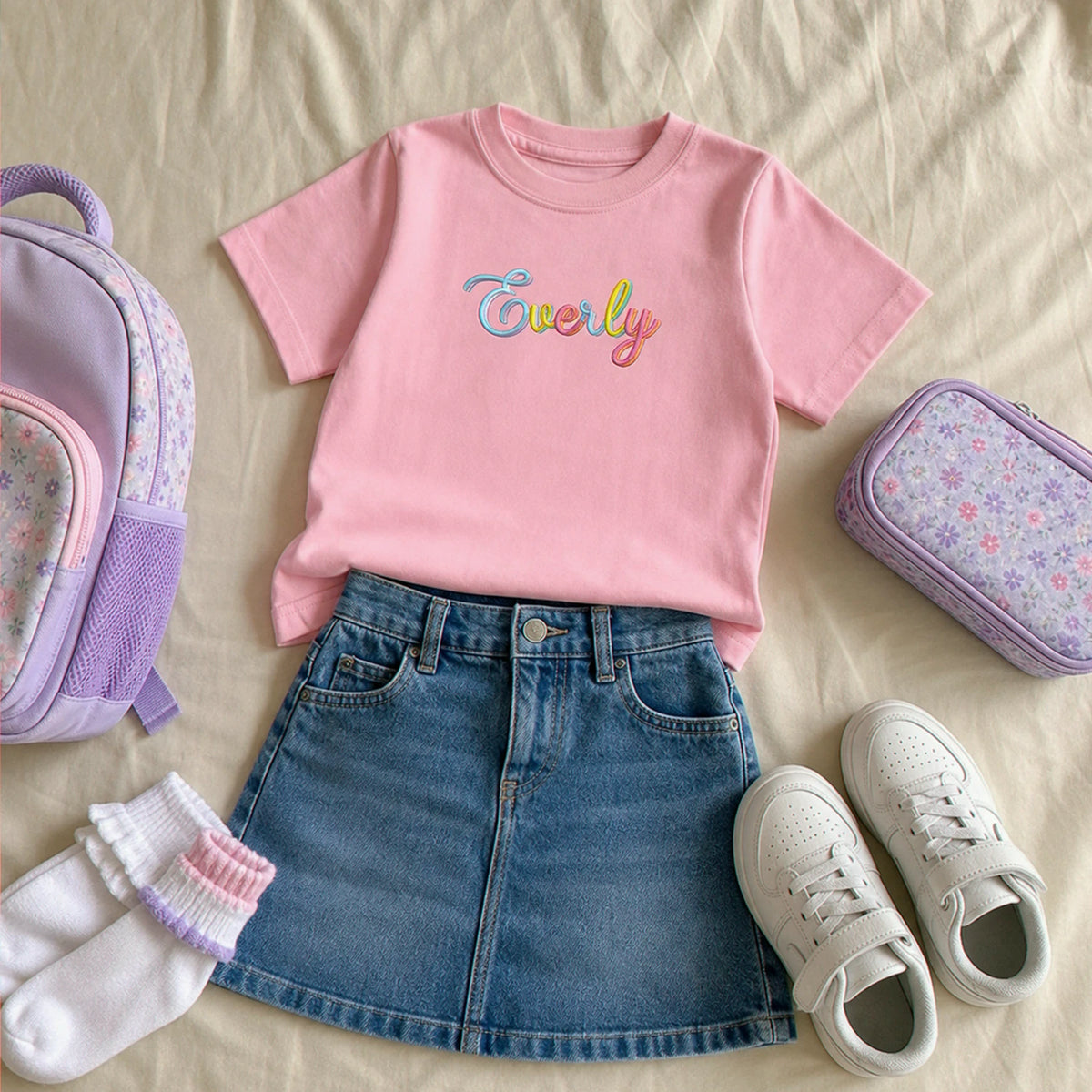 Personalized First Day of Elementary T-shirt for 1st Grade Kids - Embroidered Rainbow Name Tee, First School Day Outfit