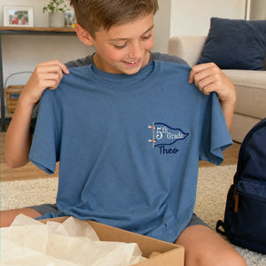 Personalized 5th Grade Pennant T-Shirt for Back to School - Embroidered Name & Grade, Retro Youth Tee