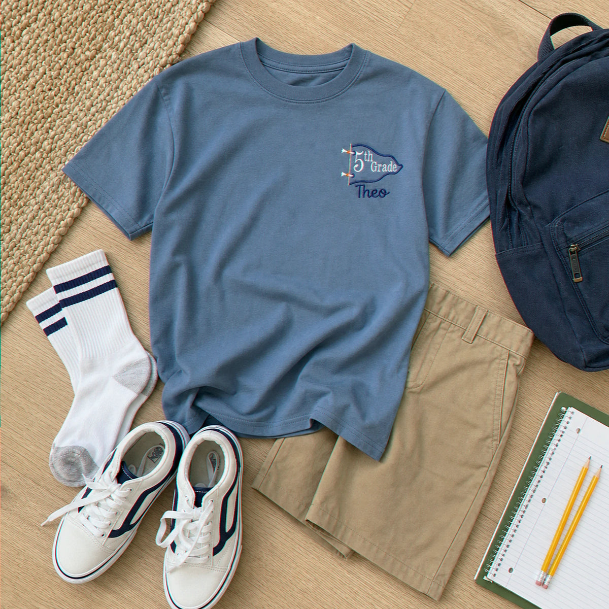 Personalized 5th Grade Pennant T-Shirt for Back to School - Embroidered Name & Grade, Retro Youth Tee