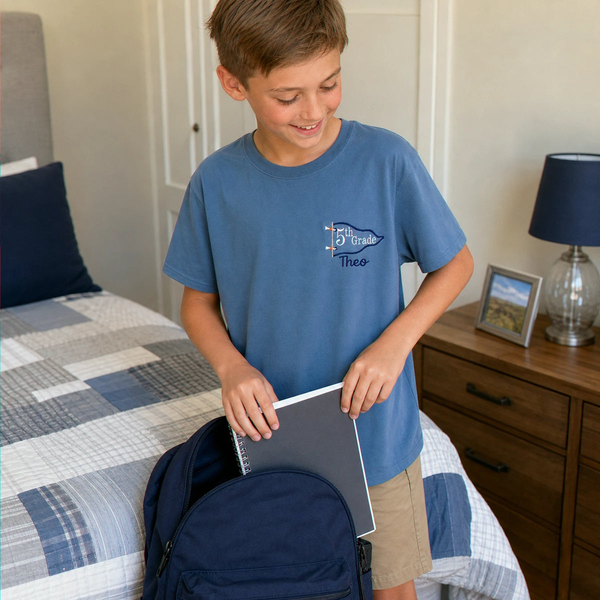Personalized 5th Grade Pennant T-Shirt for Back to School - Embroidered Name & Grade, Retro Youth Tee