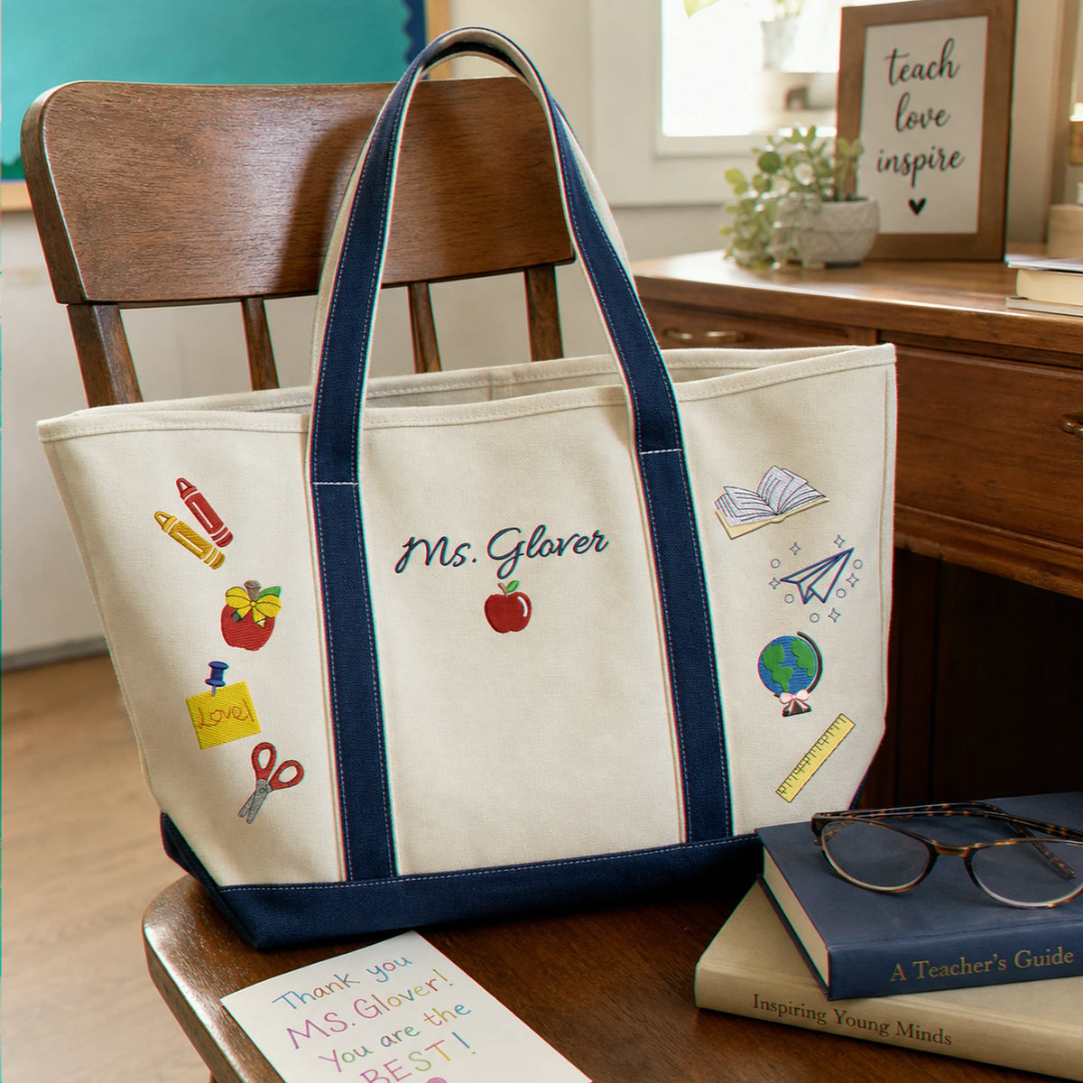 Personalized Back to School Teacher Canvas Tote - Embroidered Name Work Bag & 2 Sides School Supplies, Teacher Appreciation Gift
