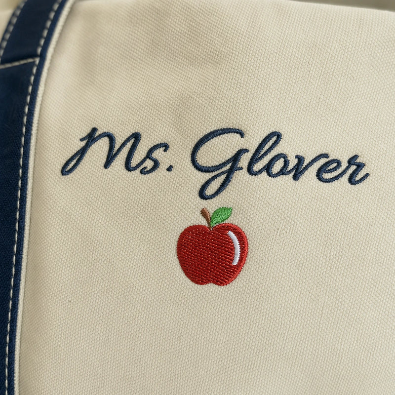 Personalized Back to School Teacher Canvas Tote - Embroidered Name Work Bag & 2 Sides School Supplies, Teacher Appreciation Gift