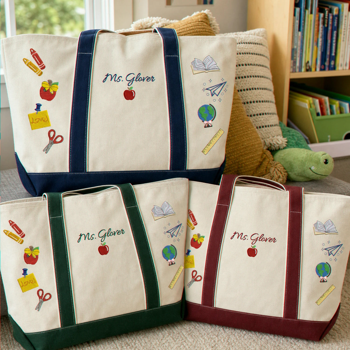 Personalized Back to School Teacher Canvas Tote - Embroidered Name Work Bag & 2 Sides School Supplies, Teacher Appreciation Gift