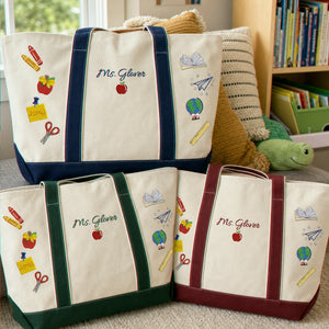 Personalized Back to School Teacher Canvas Tote - Embroidered Name Work Bag & 2 Sides School Supplies, Teacher Appreciation Gift