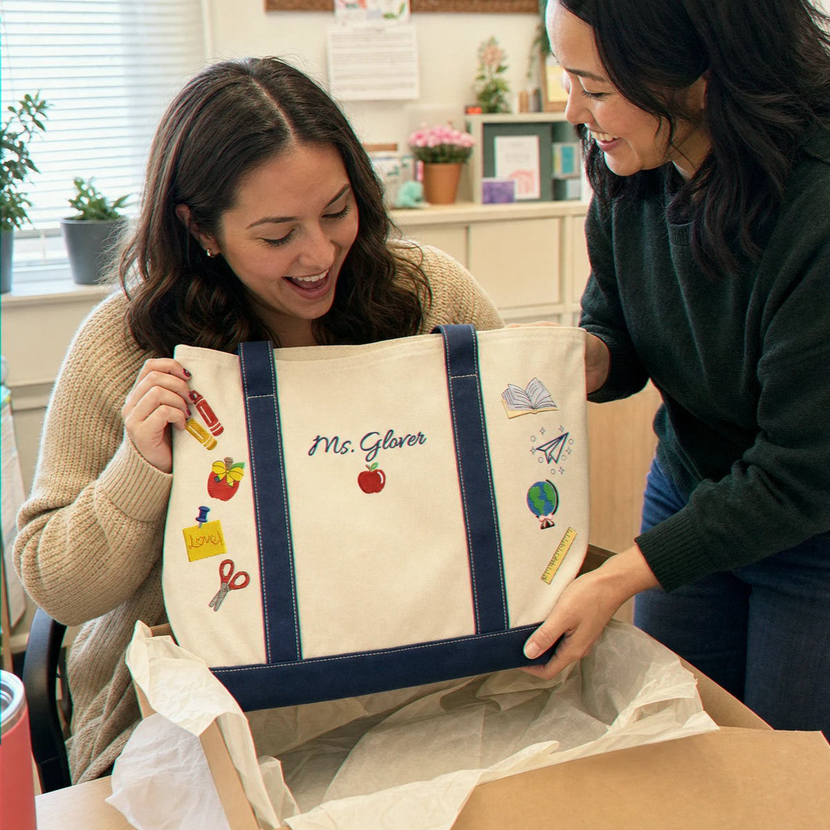 Personalized Back to School Teacher Canvas Tote - Embroidered Name Work Bag & 2 Sides School Supplies, Teacher Appreciation Gift