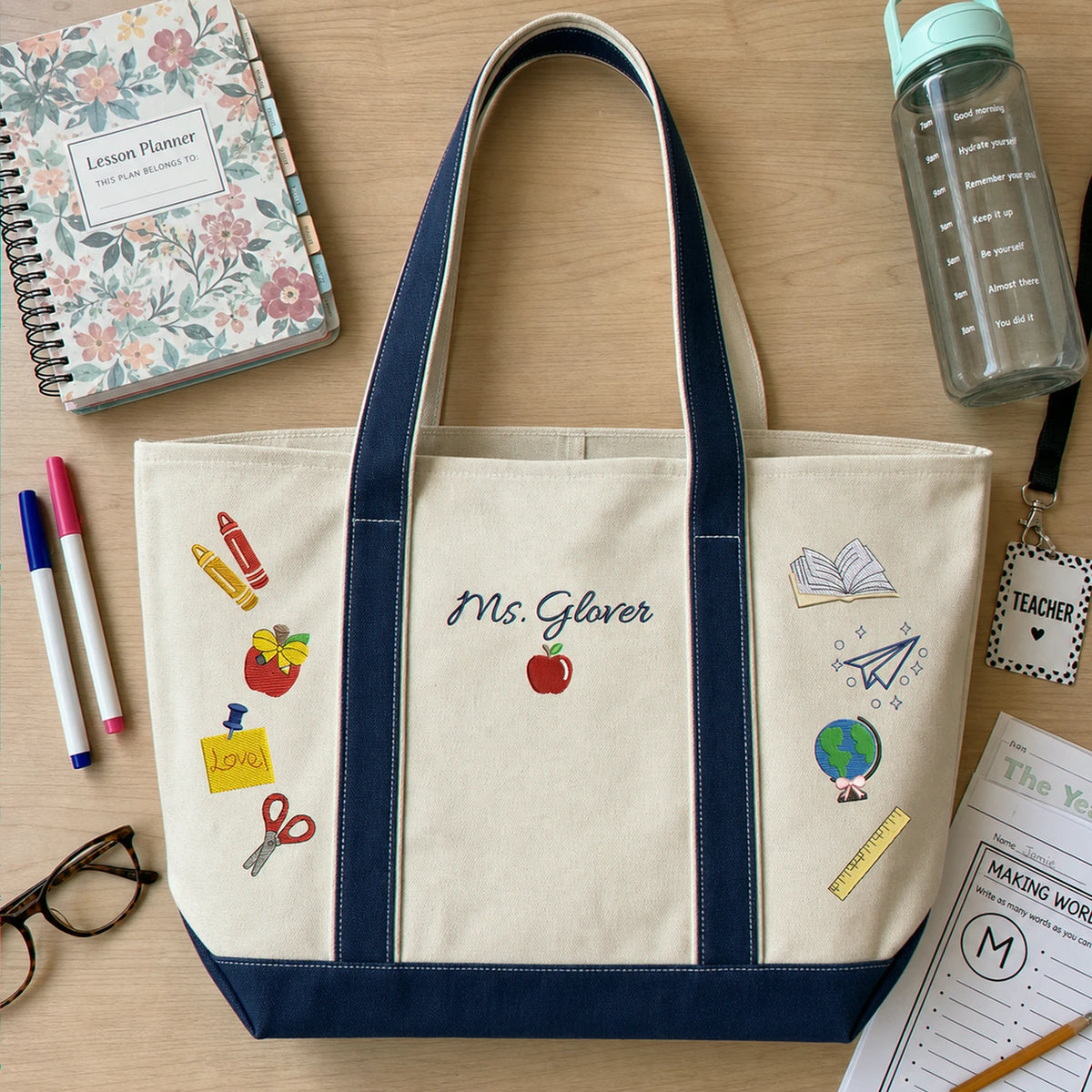 Personalized Back to School Teacher Canvas Tote - Embroidered Name Work Bag & 2 Sides School Supplies, Teacher Appreciation Gift