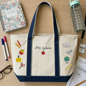 Personalized Back to School Teacher Canvas Tote - Embroidered Name Work Bag & 2 Sides School Supplies, Teacher Appreciation Gift