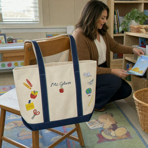 Personalized Back to School Teacher Canvas Tote - Embroidered Name Work Bag & 2 Sides School Supplies, Teacher Appreciation Gift