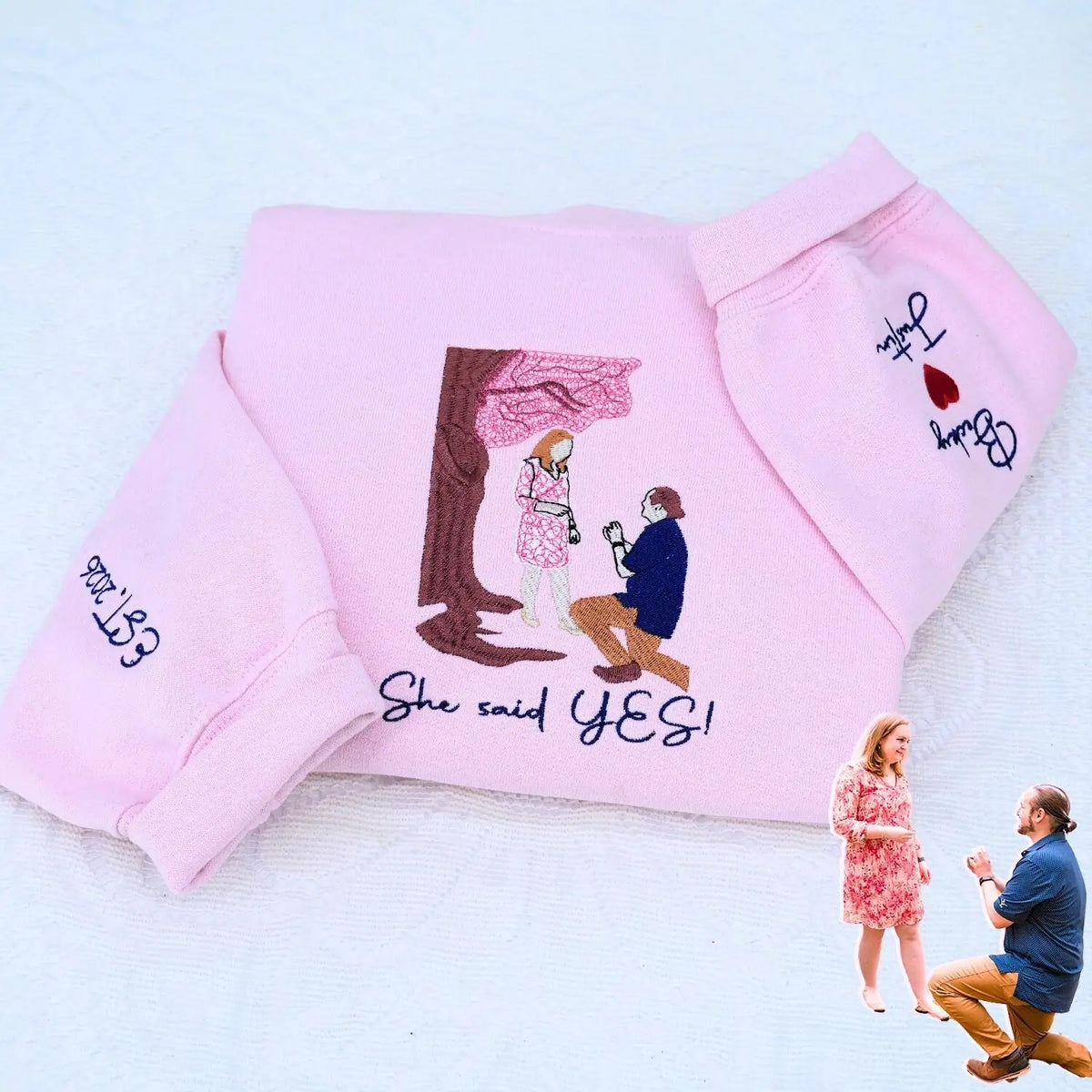 Custom embroidered anniversary sweatshirt for couples with matching design showing personalized wedding year