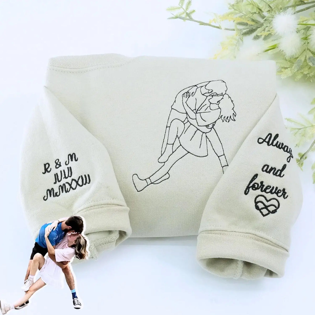 Custom embroidered anniversary sweatshirt for couples with matching design showing personalized wedding year