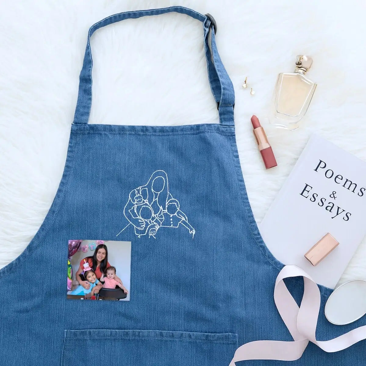 Custom embroidered photo apron for mom with personalized portrait gift