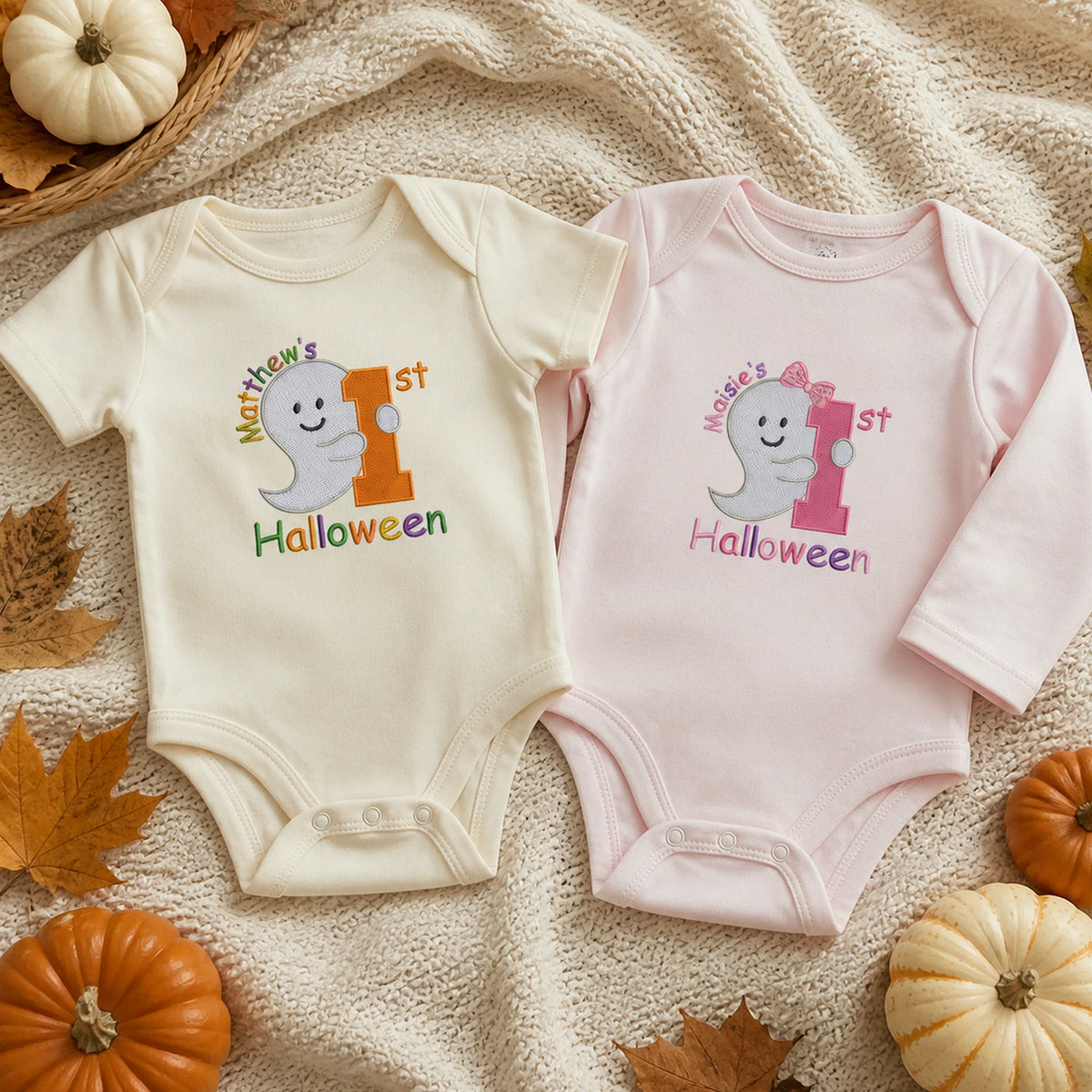 Personalized Baby Bodysuit First Halloween Gift for Grandkids - Embroidered Name with Cute Ghost One-Piece