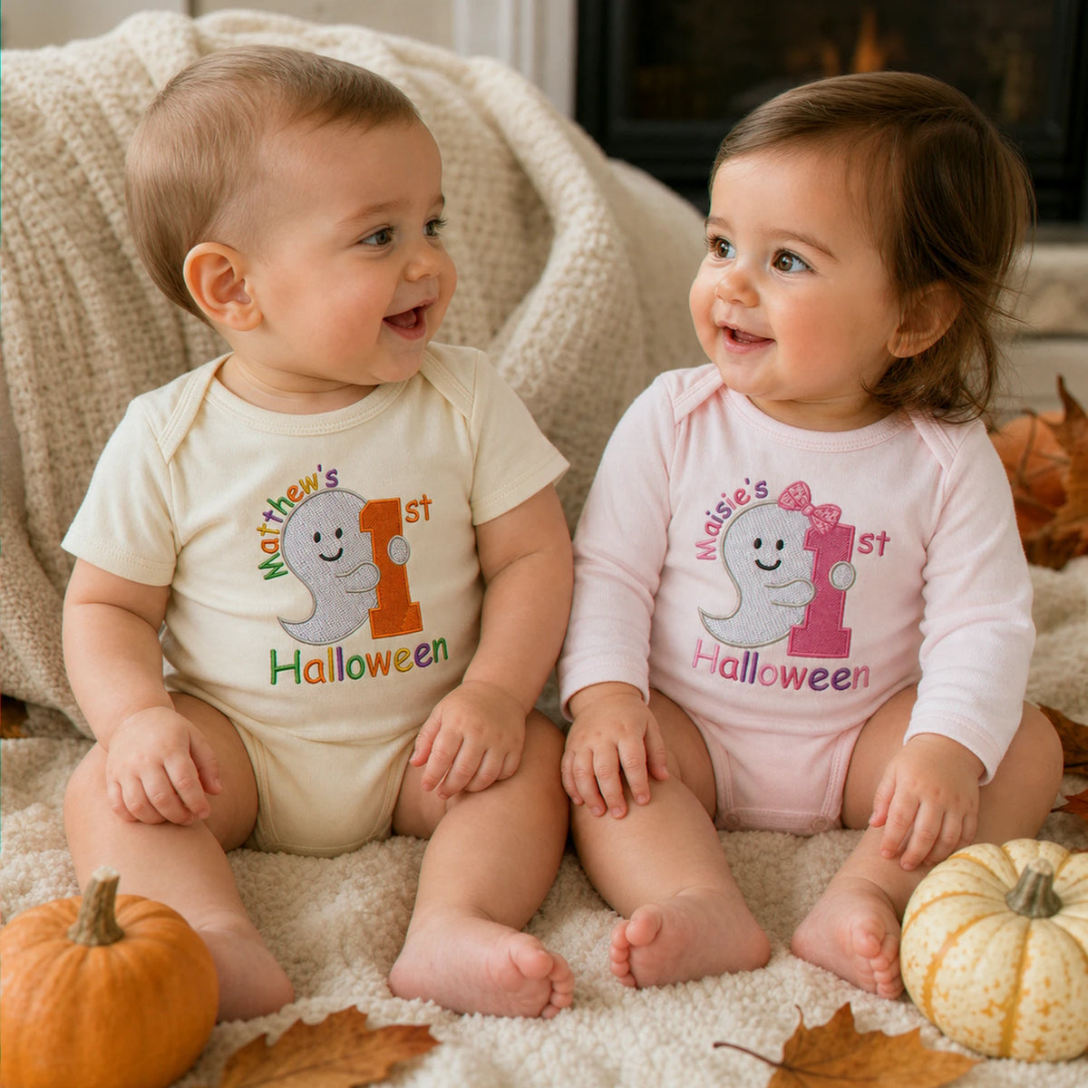 Personalized Baby Bodysuit First Halloween Gift for Grandkids - Embroidered Name with Cute Ghost One-Piece