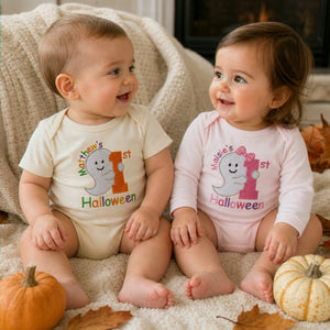 Personalized Baby Bodysuit First Halloween Gift for Grandkids - Embroidered Name with Cute Ghost One-Piece