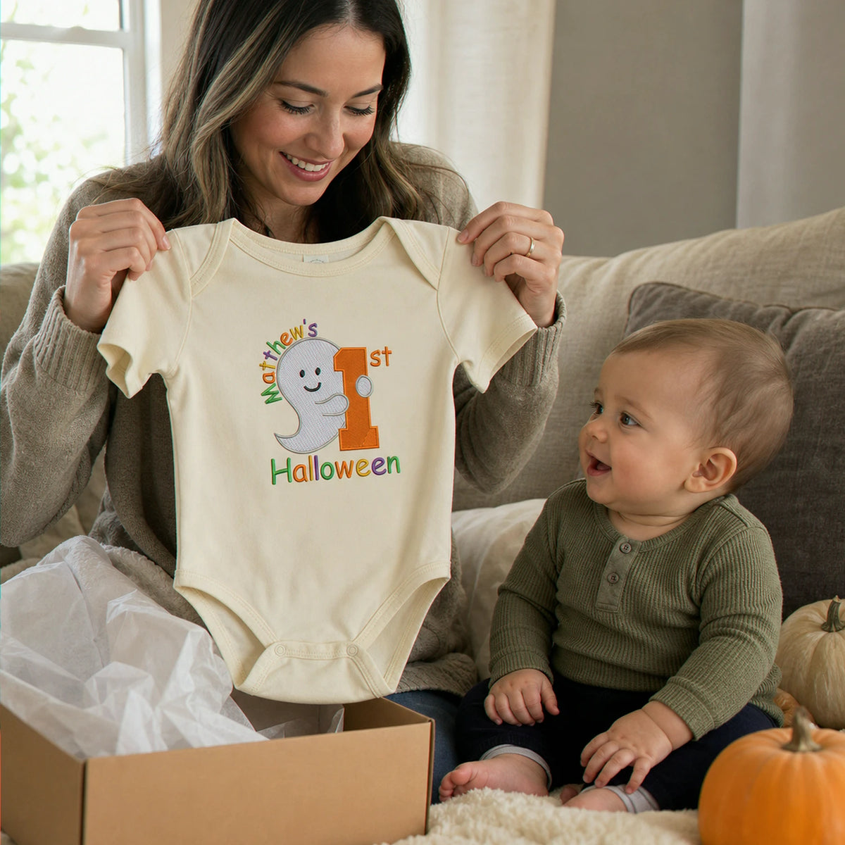 Personalized Baby Bodysuit First Halloween Gift for Grandkids - Embroidered Name with Cute Ghost One-Piece