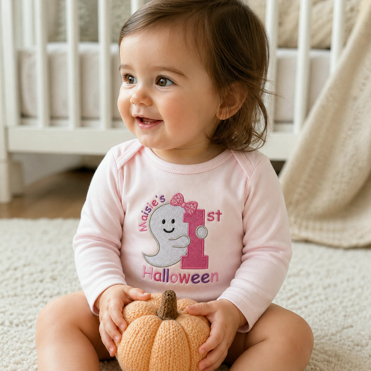 Personalized Baby Bodysuit First Halloween Gift for Grandkids - Embroidered Name with Cute Ghost One-Piece